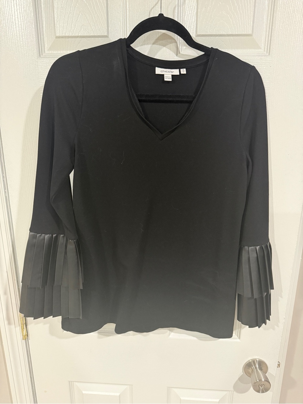 Chico's Black V-Neck Top with Pleated Faux-Leather Cuffs